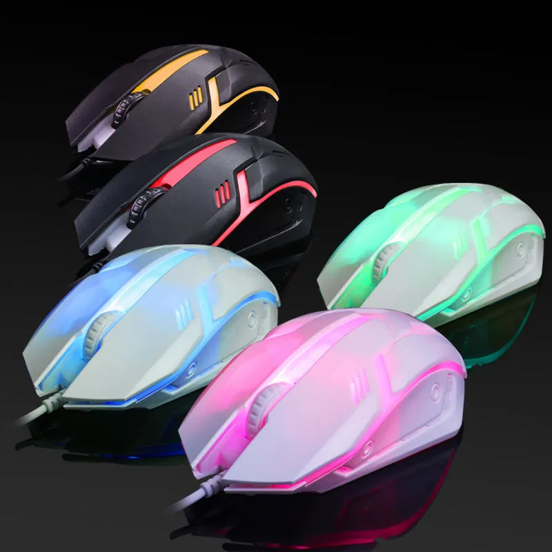 Wired USB computer mouse with colourful LED glow, black or white luminous shell, 3 buttons, and 1.3m cable.