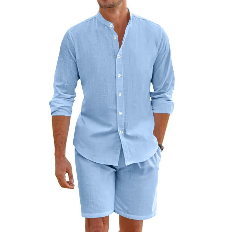 Men's light blue linen blend short sleeve button-down shirt and drawstring shorts suit set for summer.