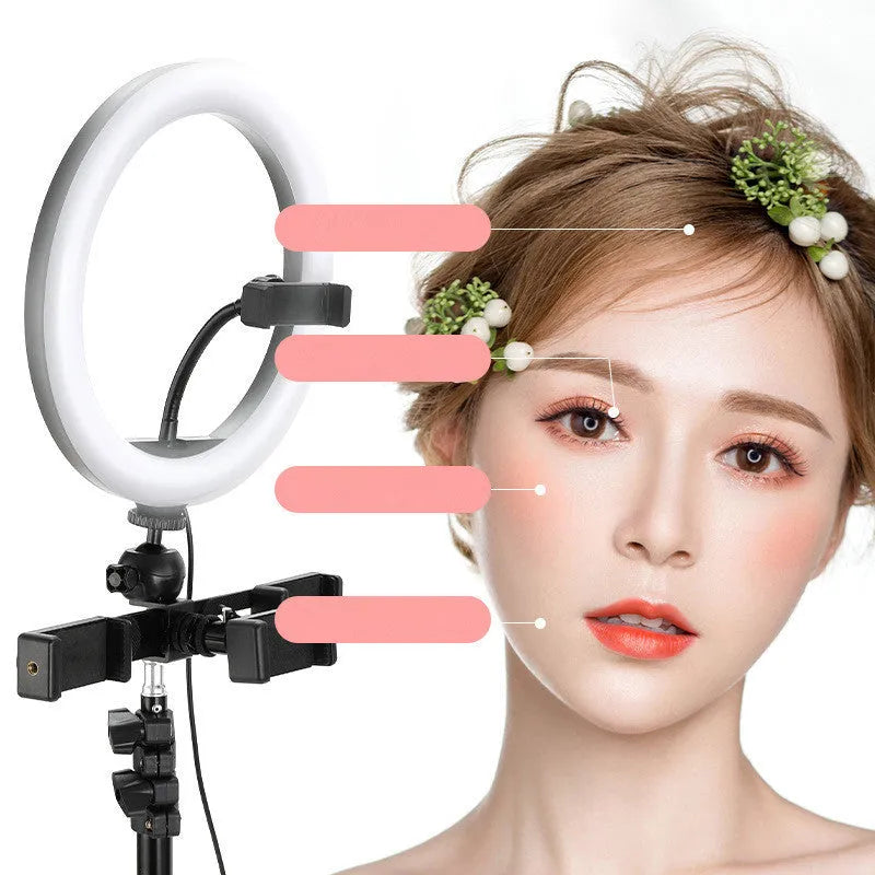 10-inch ring selfie light on 19cm adjustable metal stand with smartphone attached