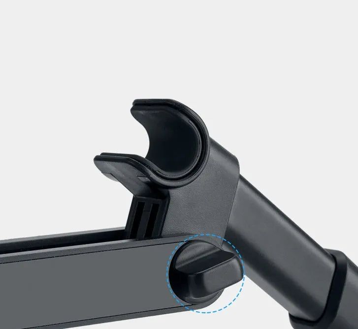 Black car phone holder mounted on rear seat headrest with tablet securely positioned