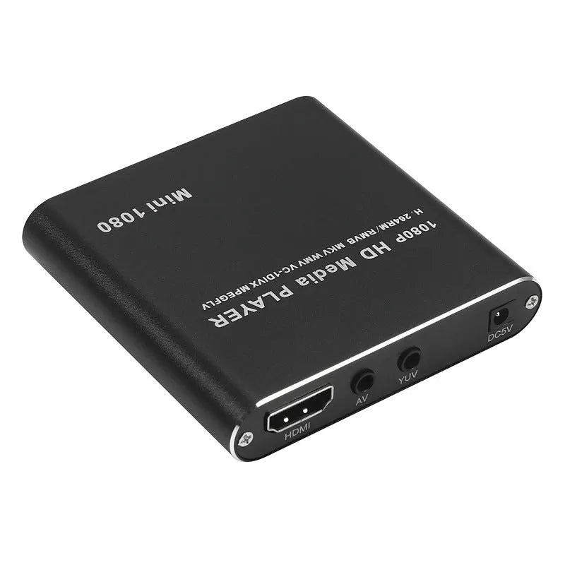 Blue 1080P Full HD media player with HDMI port USB and SD card slots compact metal body