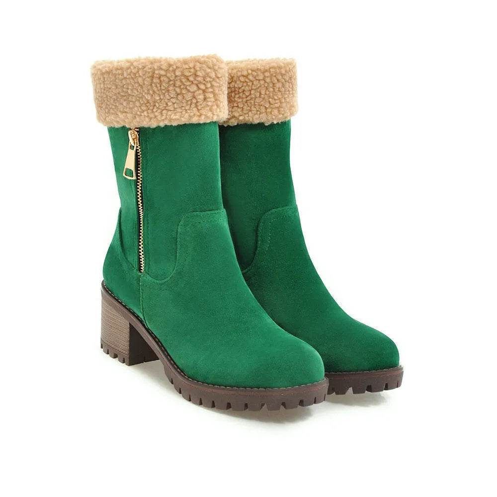 Snow boots with rubber sole and plush lining in black, grey, green, or orange.