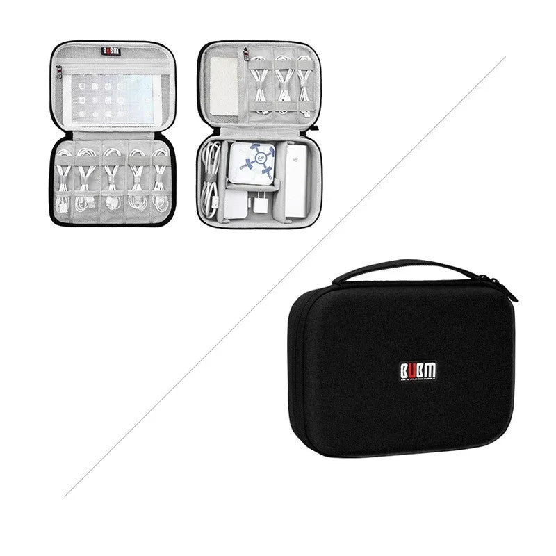 Black and grey EVA digital storage bag for headphones, shown in single and double-layer styles.