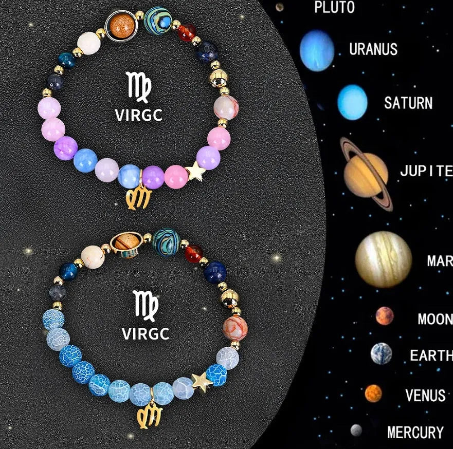 Set of two natural stone beaded bracelets for zodiac signs on adjustable elastic strings.