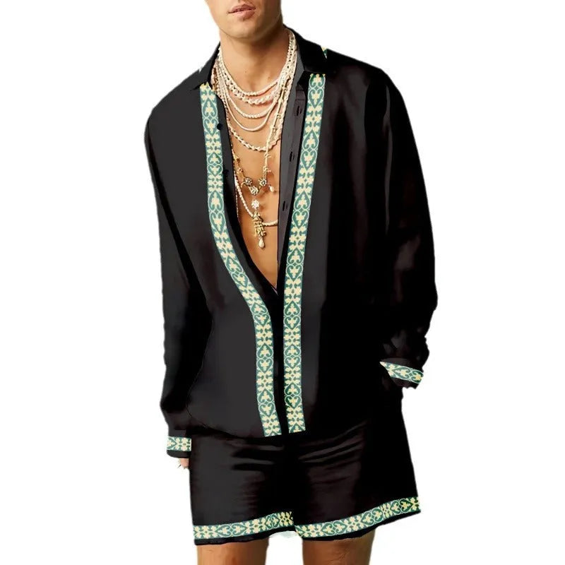 Men's casual summer shirt and shorts set in colour matching polyester slim fit