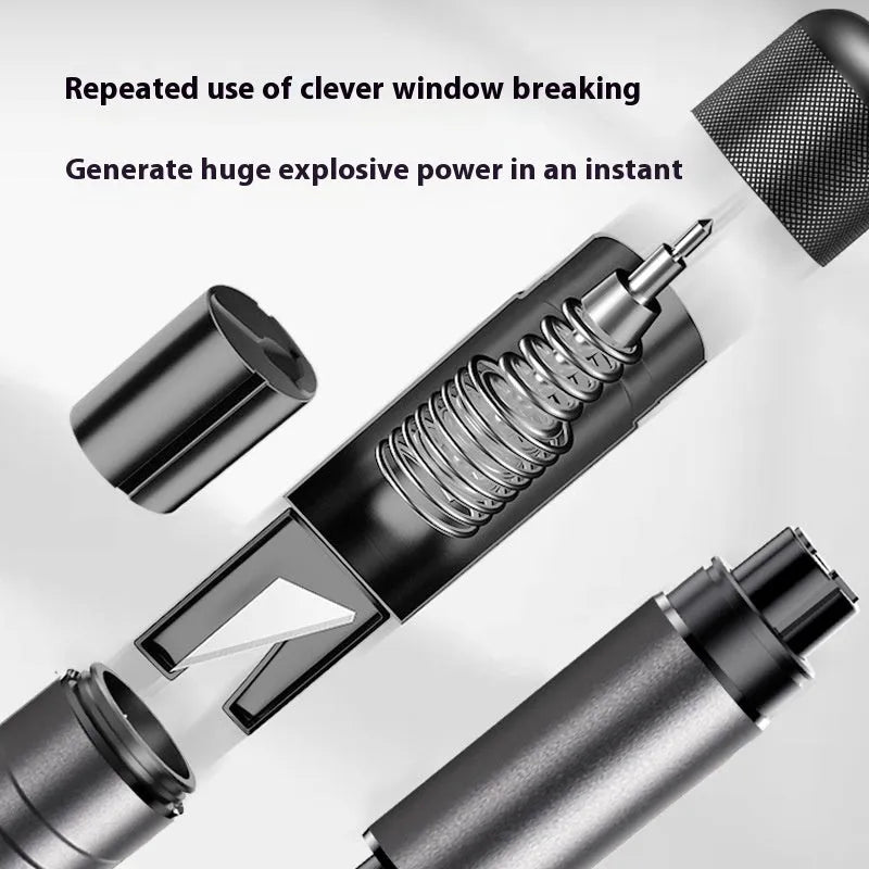 Gun grey aluminium alloy car safety hammer with window breaker and seatbelt cutter measuring 87mm long
