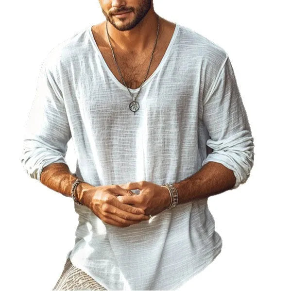 Beige slim fit long-sleeved V-neck top made from a hemp blend fabric.
