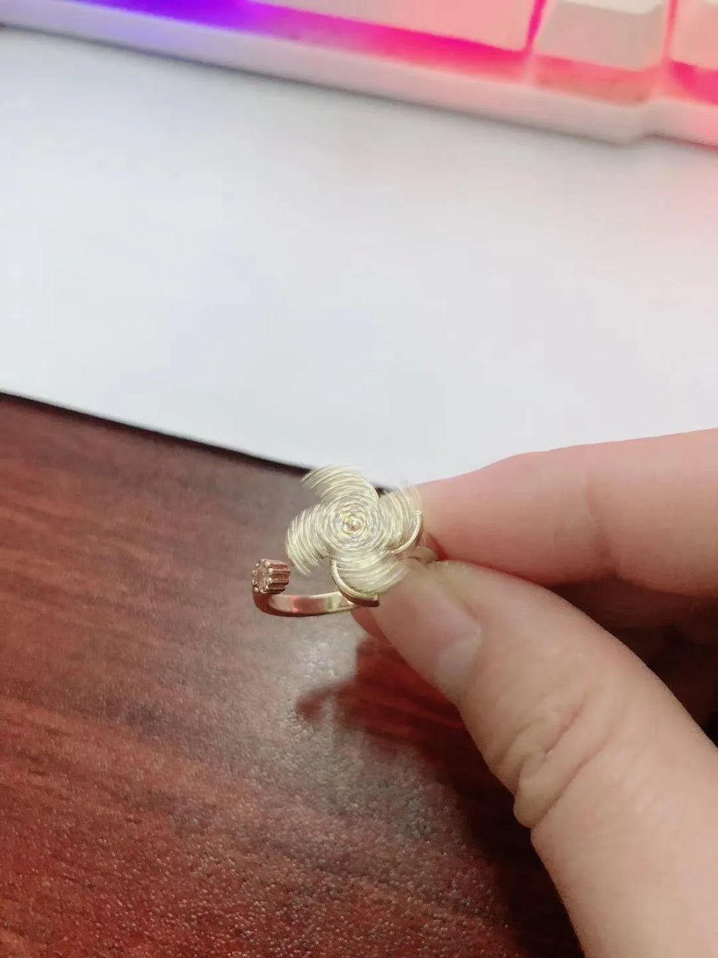 Unisex copper rotating ring with windmill design in gold or silver electroplated finish
