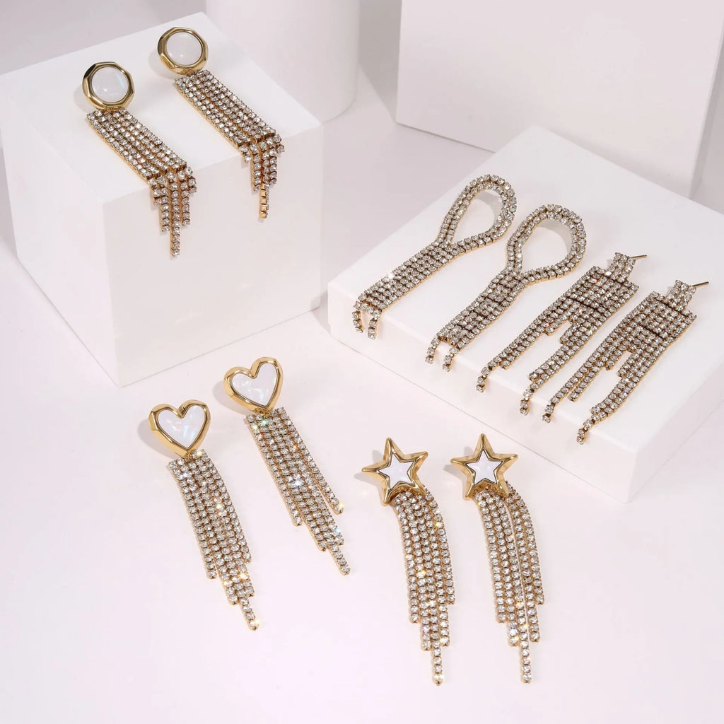 Women's stainless steel earrings with diamond tassel designs in heart, star and geometric shapes with 18K electroplated finish