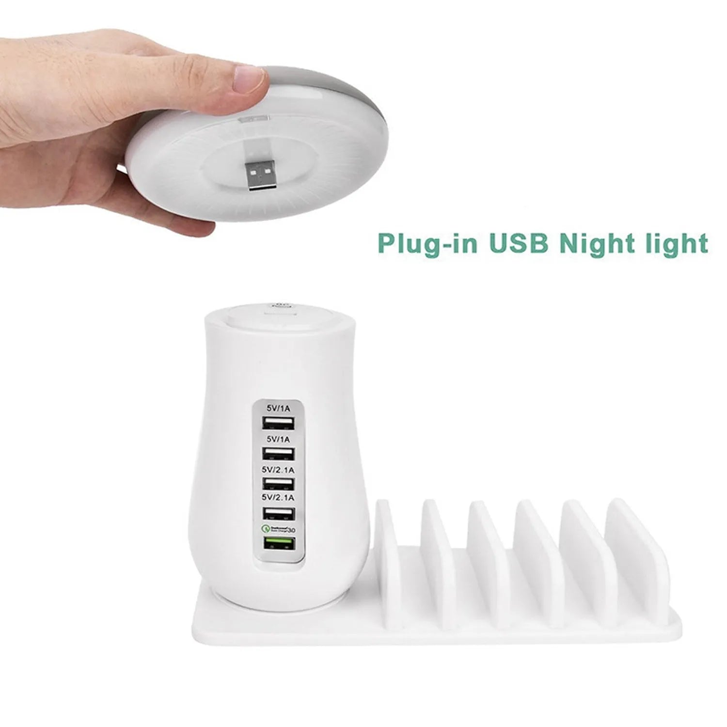 Mushroom-shaped white USB charging dock with 5 ports and integrated LED night lamp on desk