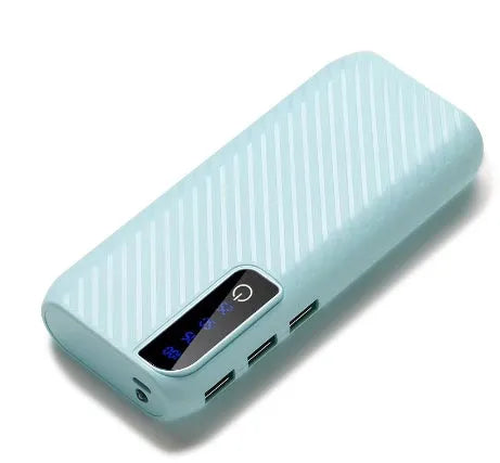 20000mAh mini power bank in black, blue, pink, or white, showing compact size and USB ports.