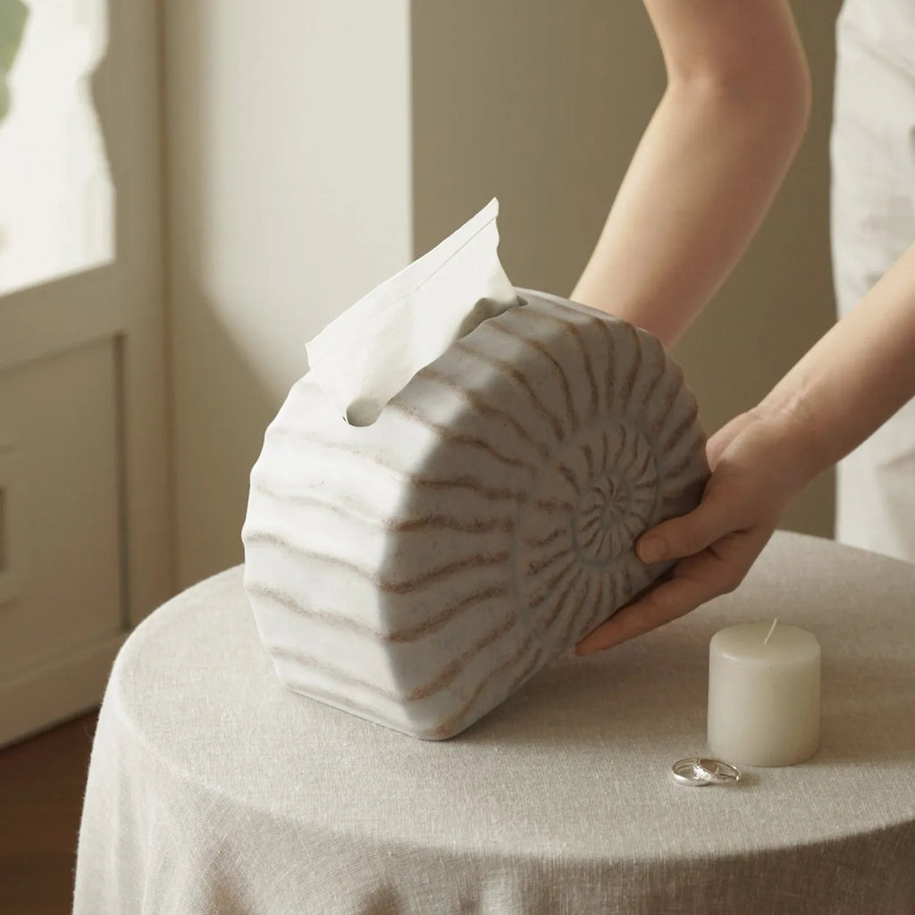 A modern conch ramble coloured resin tissue box for home or office desk organisation.