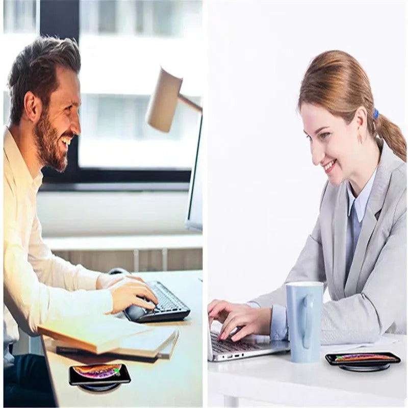 Black or white aluminium alloy 15W Qi wireless charging pad with LED light on a desk.