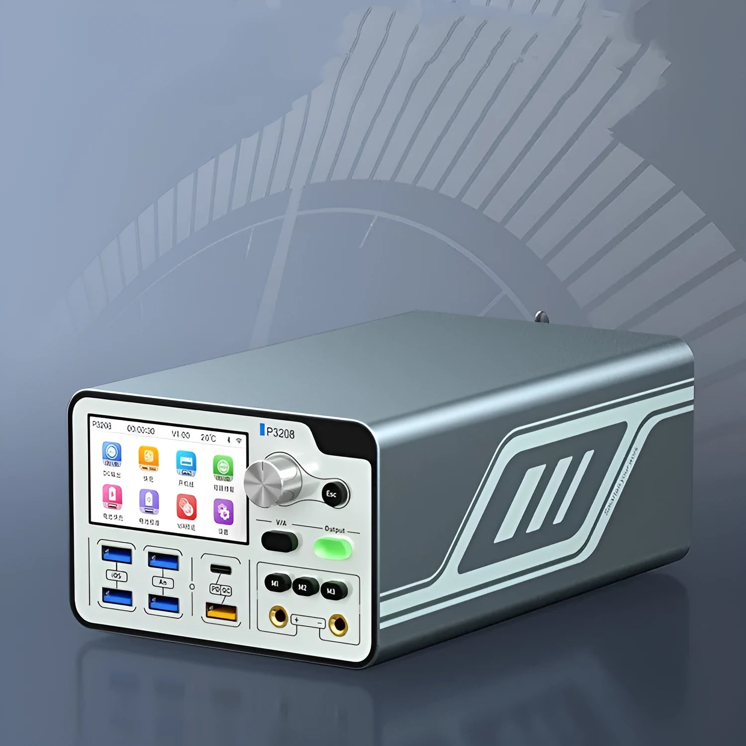 P3208 smart regulated 320W power supply and meter with 3.0-inch display on a workbench.