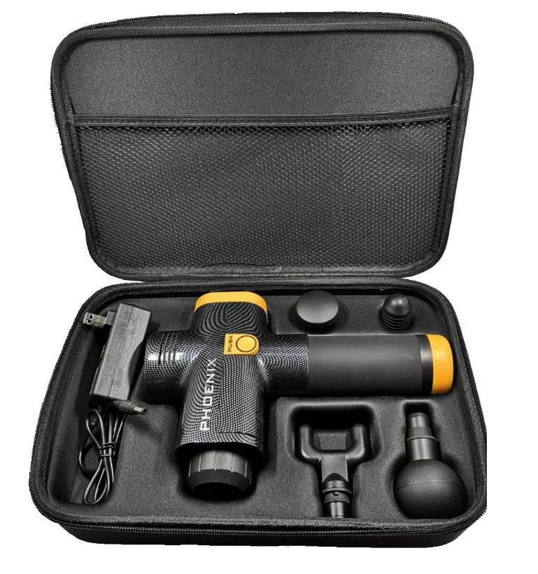 Black and silver deep tissue massage gun with four interchangeable heads on a grey background