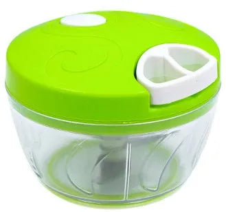 Green manual kitchen chopper with three blades showing 500ml capacity container functionality