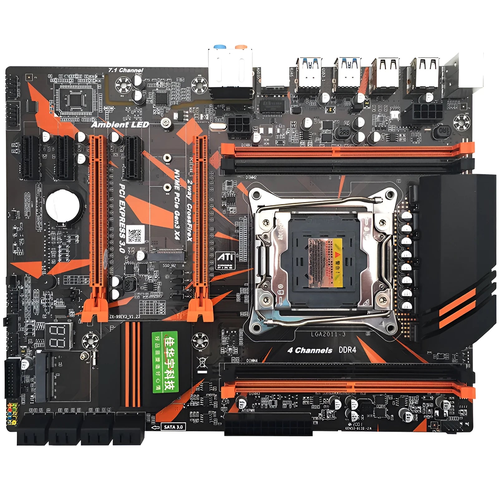 Black X99 series desktop computer motherboard with LGA2011-3 socket, four DDR4 slots, and PCIe expansion slots.