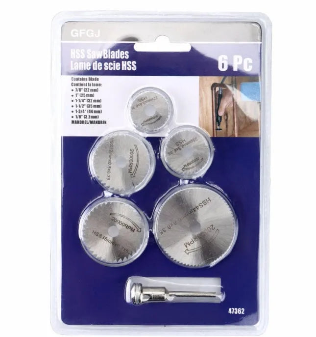 Six circular saw blades with mandrel for woodworking, high-speed steel construction