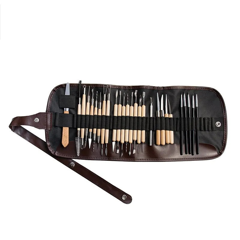 27-piece brown pottery clay tool set with wooden, stainless steel and plastic sculpting tools