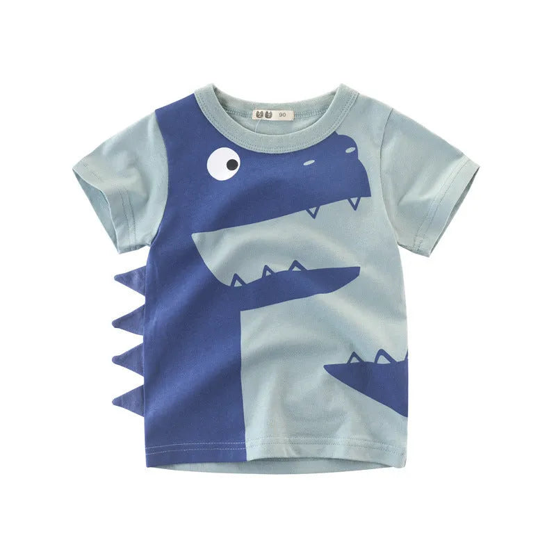 Summer boy's pure cotton short-sleeved T-shirt in blue on white background