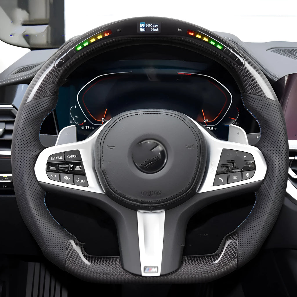 Black carbon fibre BMW sports steering wheel with LED display for X3 X5 models.