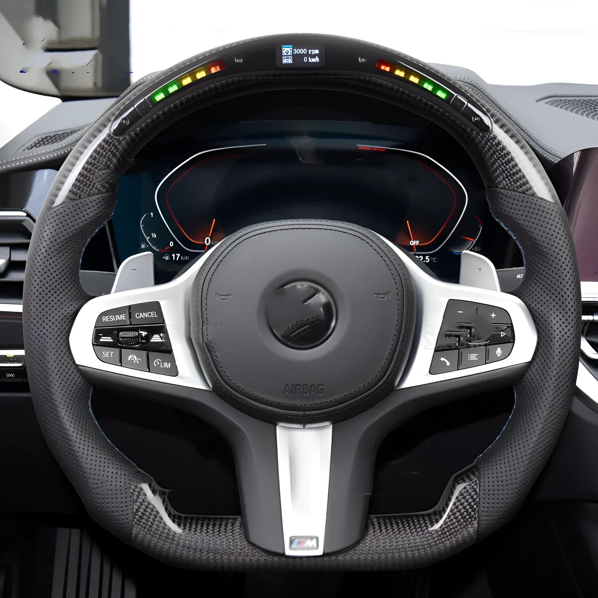 Black carbon fibre BMW sports steering wheel with LED display for X3 X5 models.