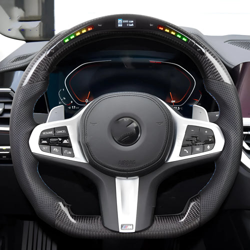 Black carbon fibre BMW sports steering wheel with LED display for X3 X5 models.