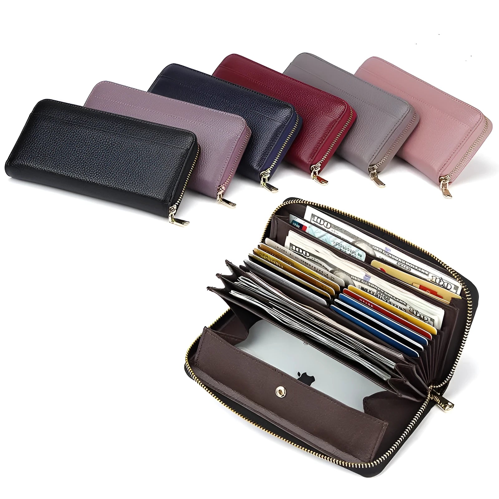 Women's genuine leather long bi-fold wallet in six colour options showing large capacity design