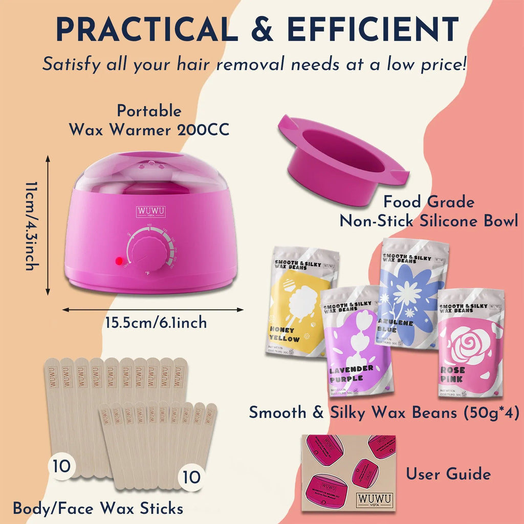 27-piece hair removal wax kit with wax machine, four coloured wax beads, and dual facial and body wax sticks