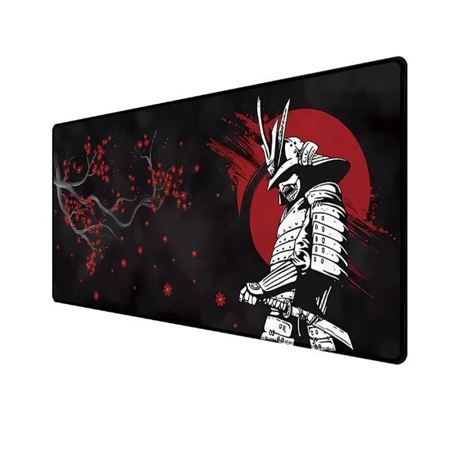Japanese samurai design cloth gaming mouse pad on a desk, showing non-slip base and thermal transfer print detail.