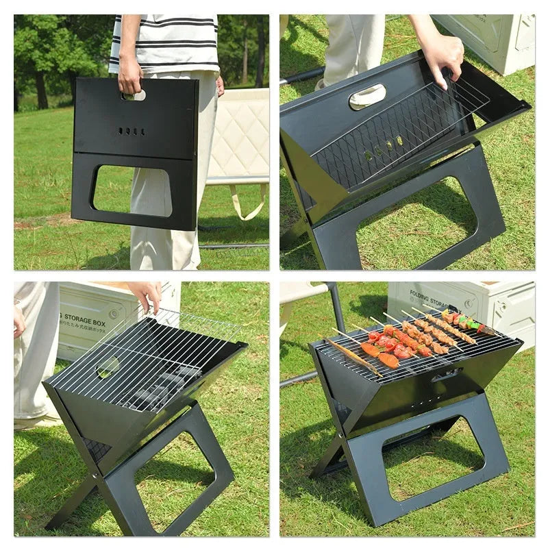 Black folding portable barbecue grill 44x29x37cm with carry handle outdoors
