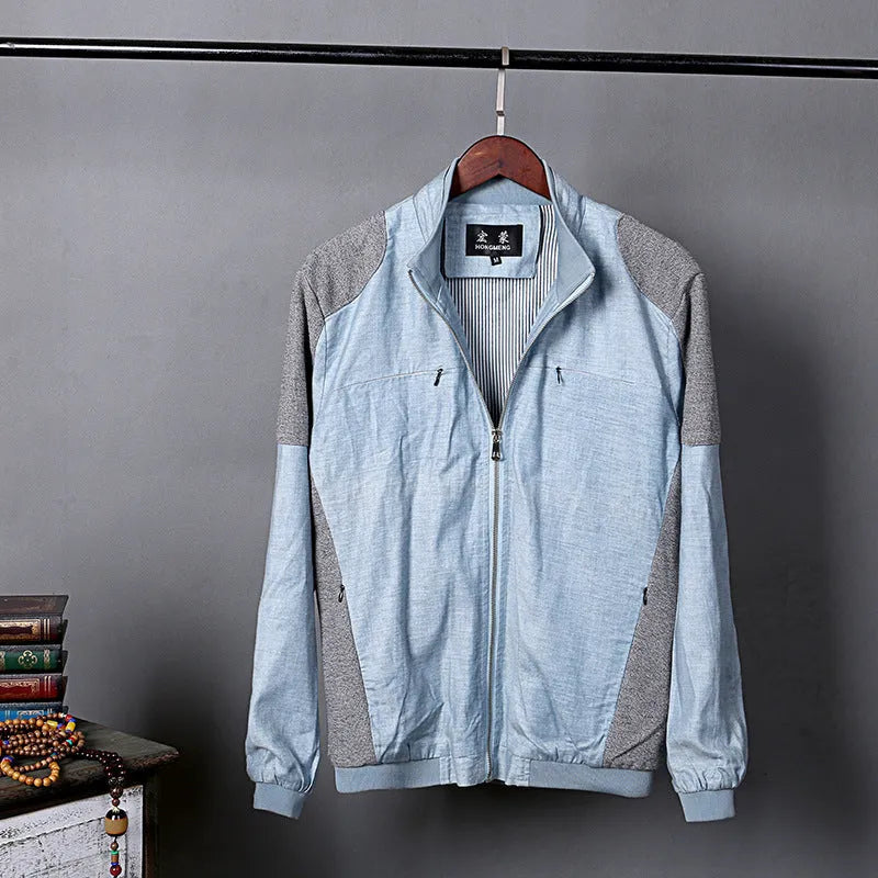Men's thin heather grey cotton linen jacket shown on a model, regular fit for casual leisure wear.