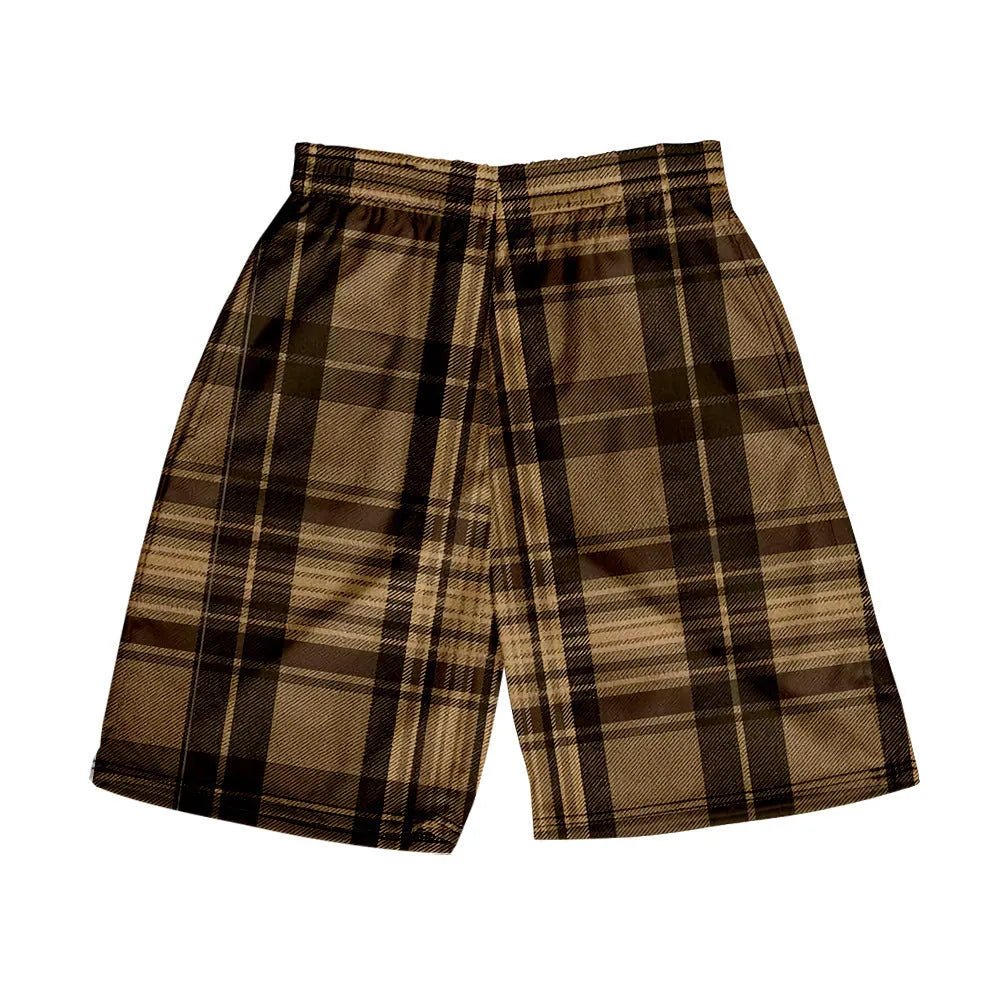 Men's straight cut plaid shorts in polyester fabric with elastic waistband