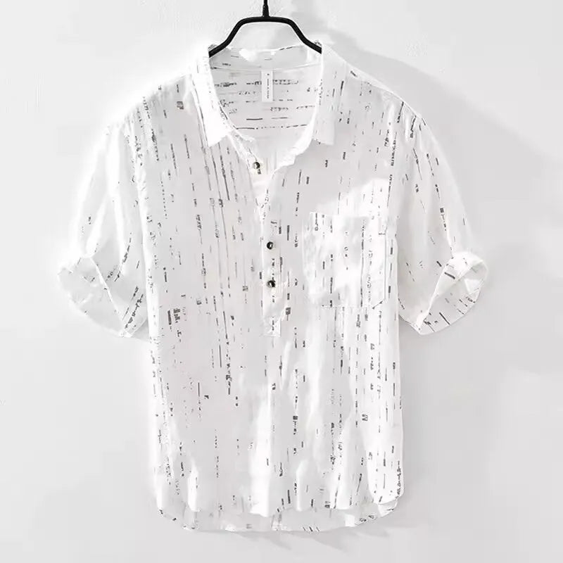 Men's black loose fit short-sleeved polo shirt showing cardigan style and thin fabric