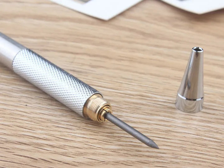 Metal automatic mechanical pencil showing barrel detail and lead size options from 0.5mm to 2.0mm