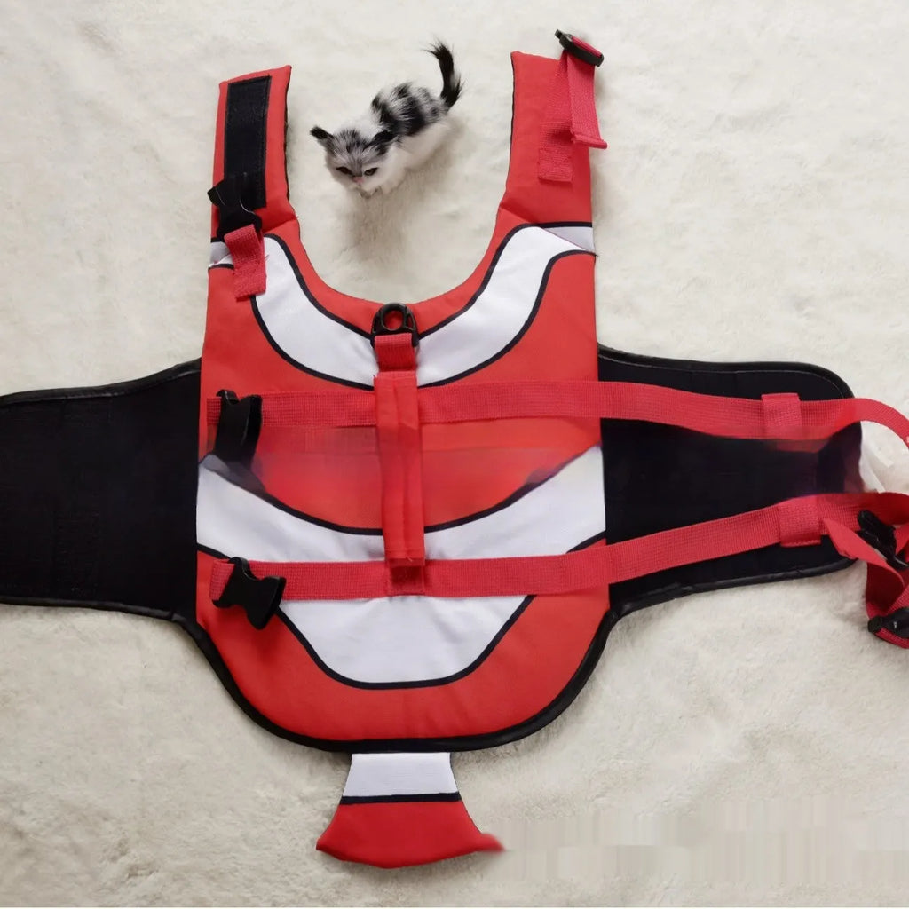 Striped pet life jacket in polyester, unisex, available in red and blue, sizes XS to XXL