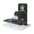 Black and white desktop wireless charging station for phone, watch, and headphones