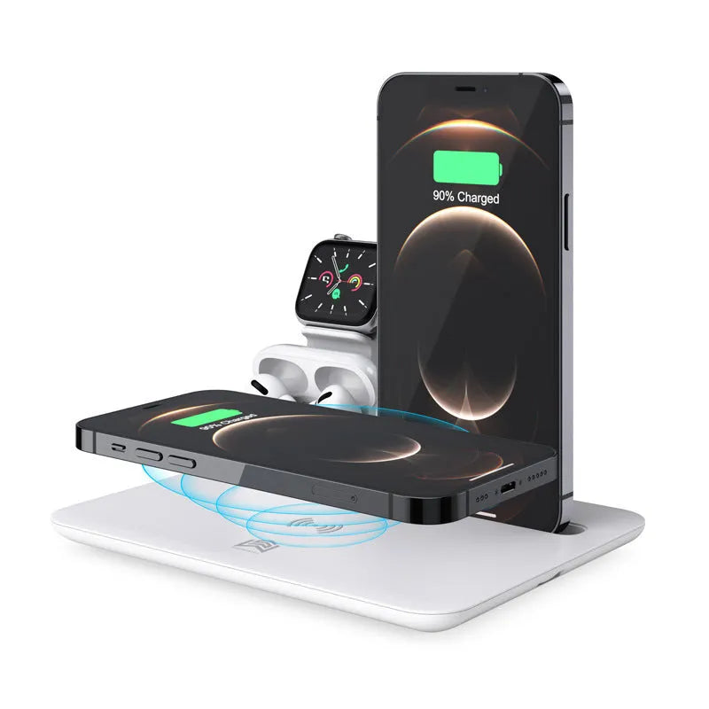 Black and white desktop wireless charging station for phone, watch, and headphones