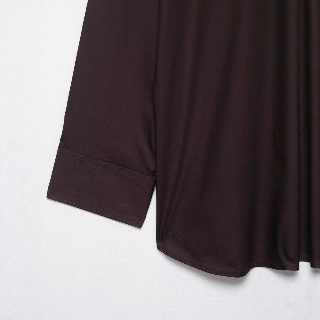 Brown women's poplin shirt with bow tie detail and long sleeves