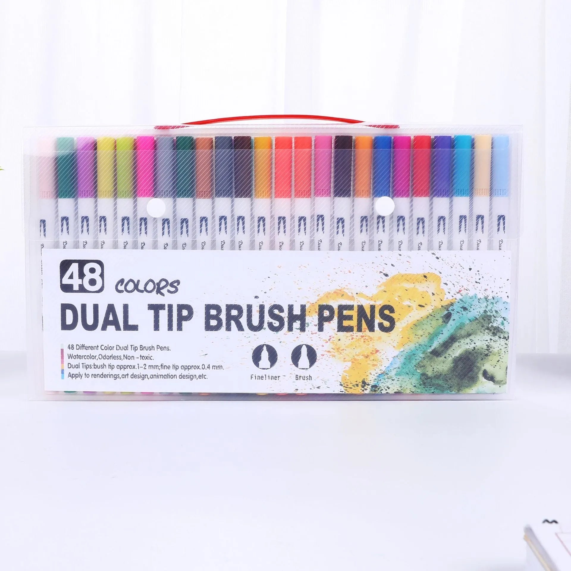 Set of watercolour brush pens with plastic barrels in a case, showing multiple colour options for art and promotion.