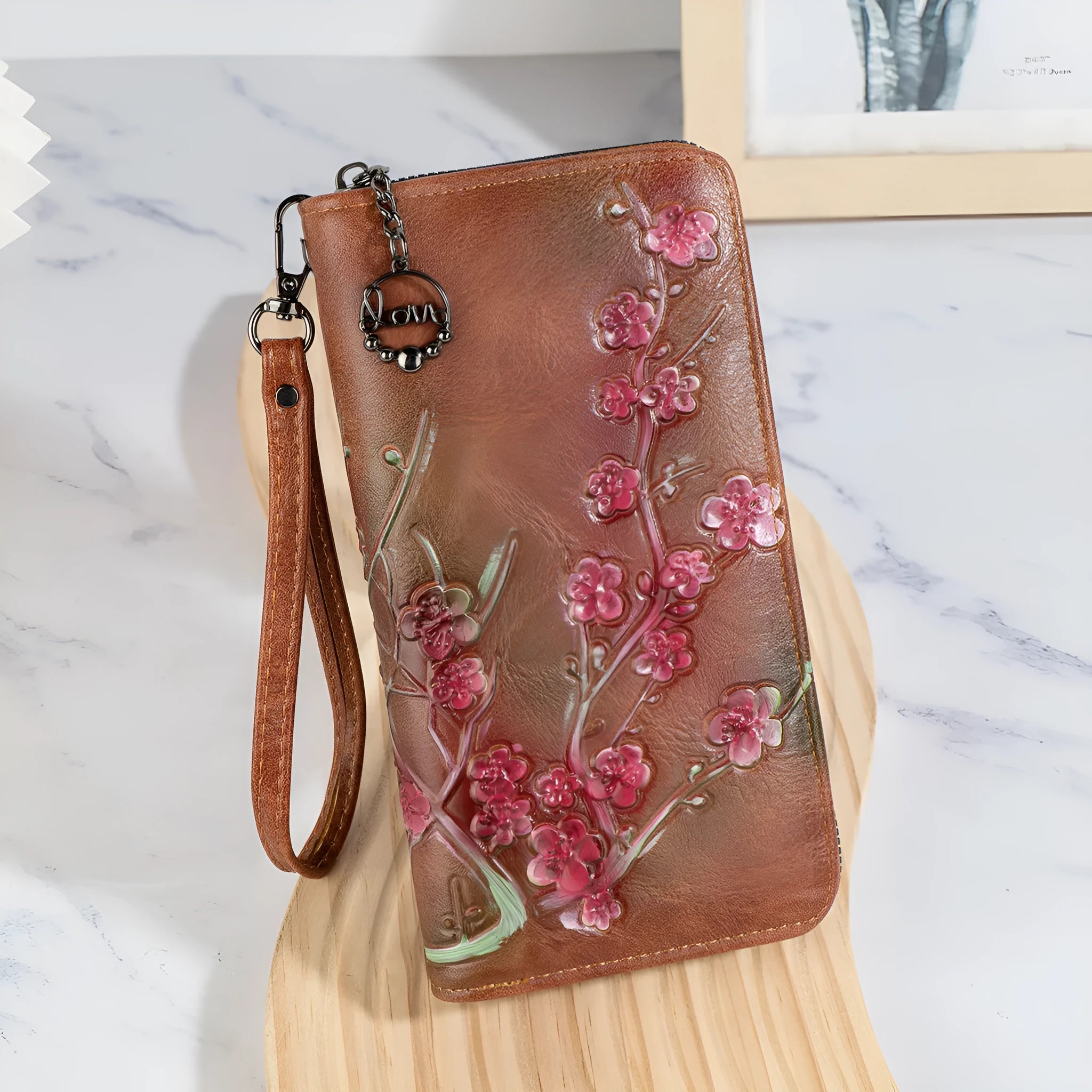 Embossed hand-painted Chinese style floral pattern zipper handbag in PU leather