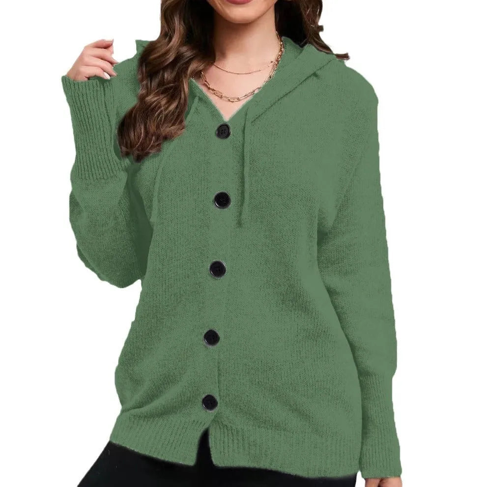 Women's solid colour hooded cotton cardigan sweater in a loose fit, shown in one of six available colours.