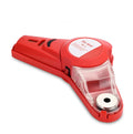 Red portable infrared laser level with integrated punching tip for woodworking.