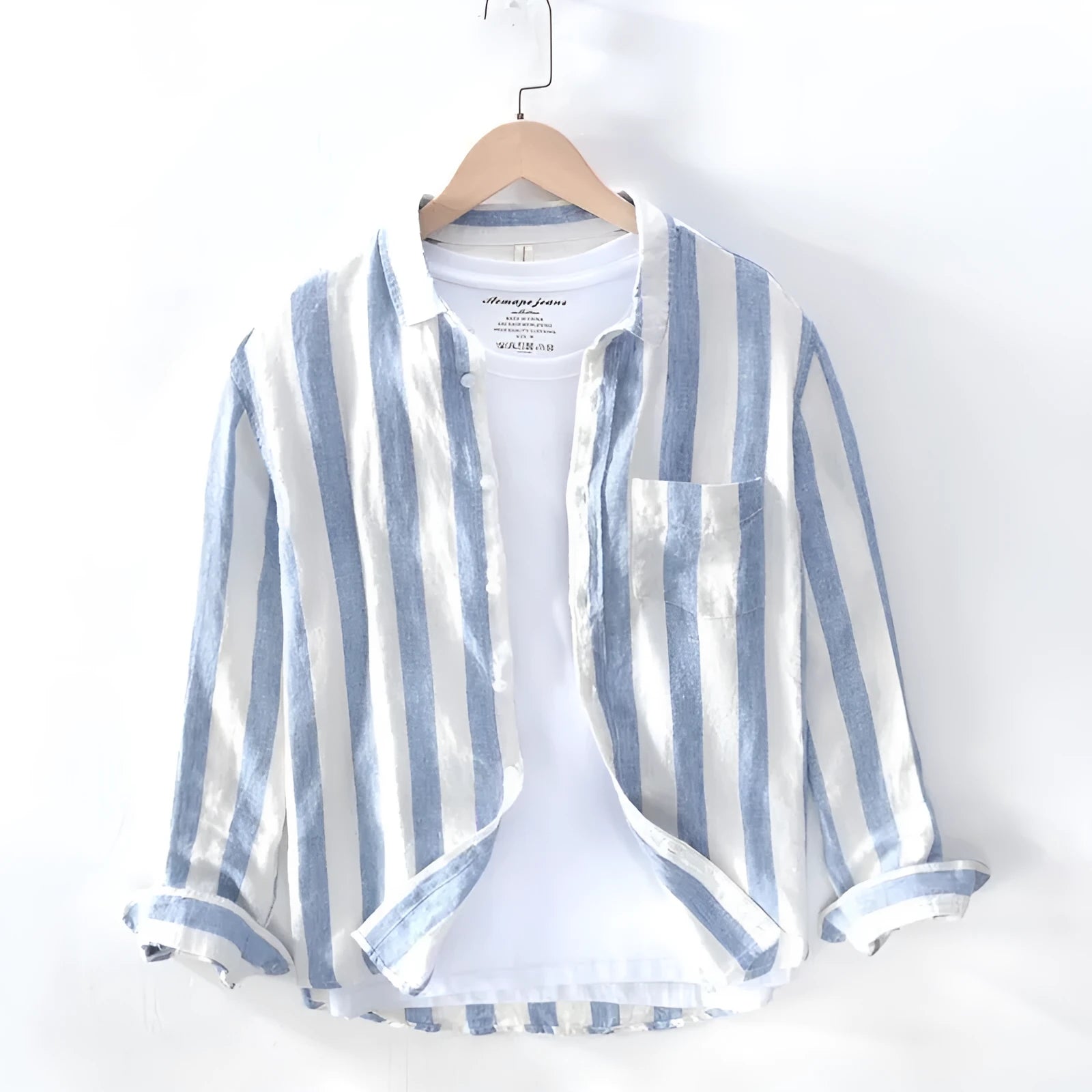 Men's blue Hong Kong style loose fit long sleeve shirt for plus size spring summer wear