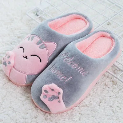 Winter home slippers cartoon cat non-slip soft warm house slippers suede upper in black