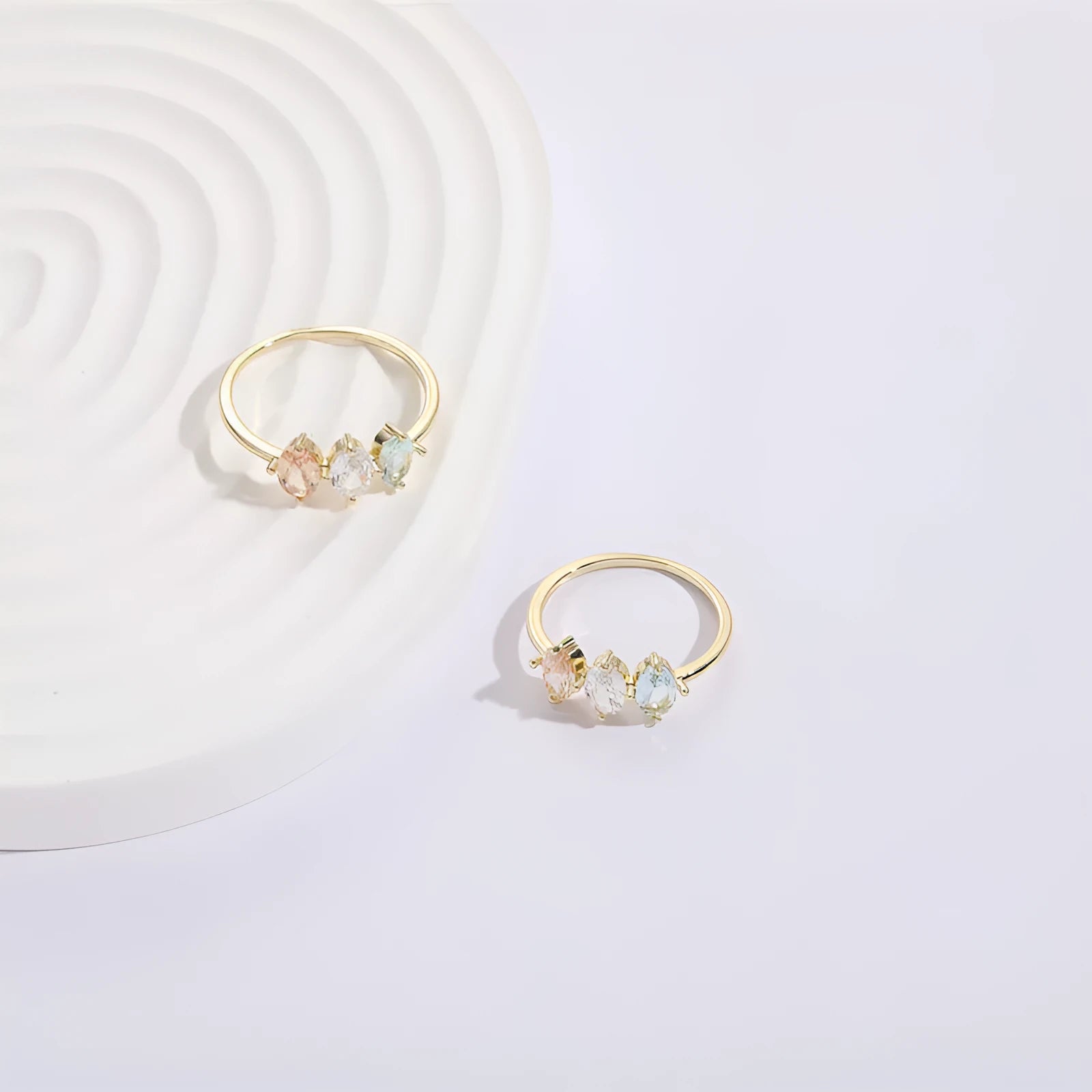Mother's Day birthstone ring with triangle horse eye design and tricolor zircon stones in 14K gold plate.