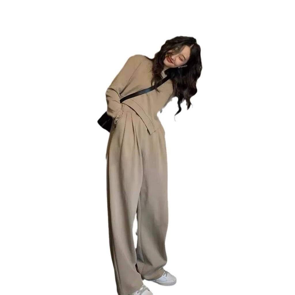 Women's khaki casual sport suit with loose fit long sleeve top and full-length trousers