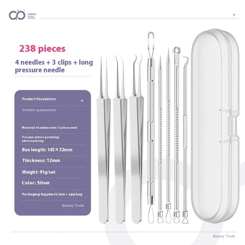 Four silver metal acne needles with pointed tips for skincare extraction
