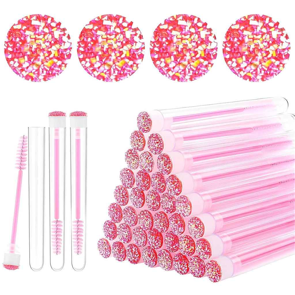Disposable mascara brushes in protective transparent tubes with spiral brush heads in blue, green, pink, and purple colours