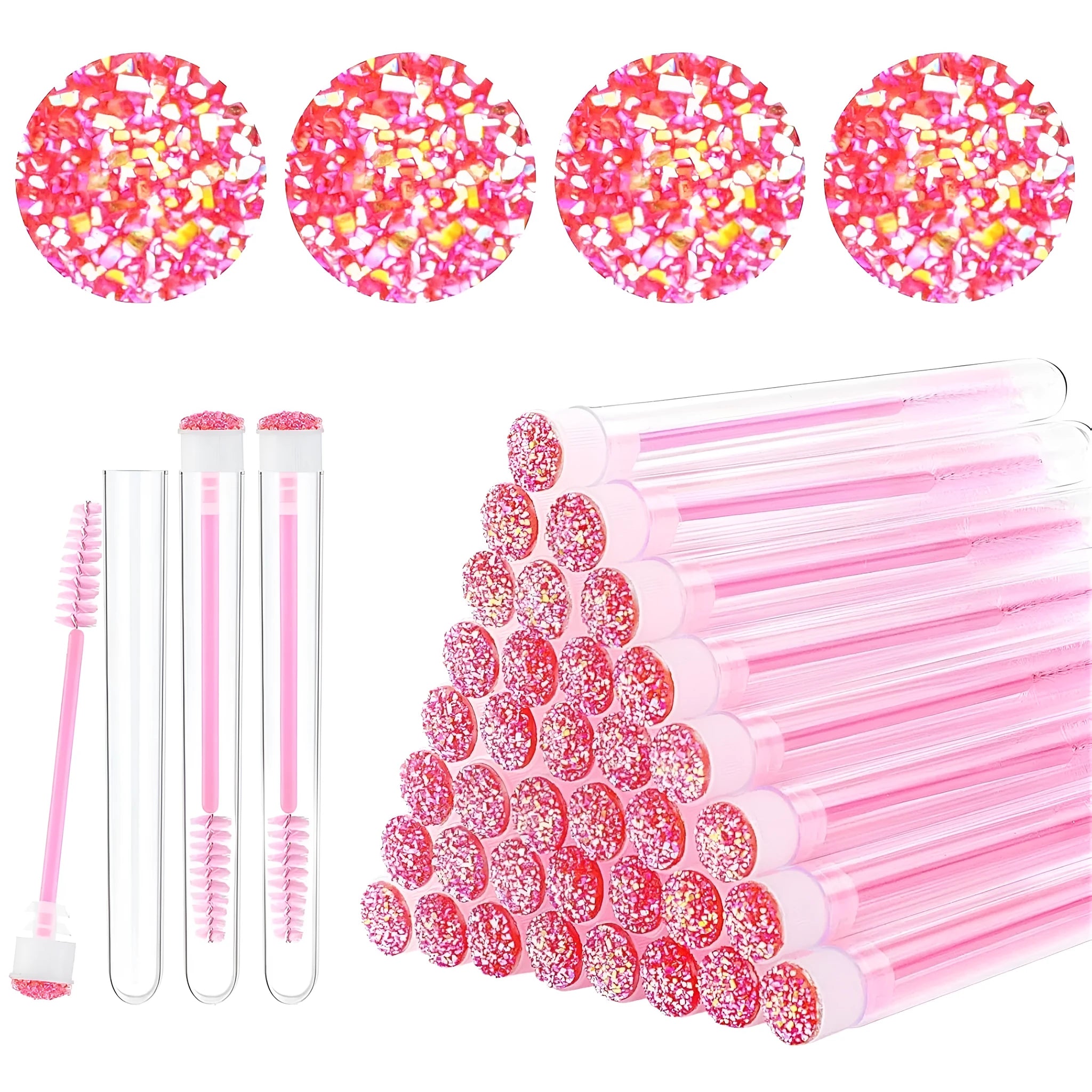 Disposable mascara brushes in protective transparent tubes with spiral brush heads in blue, green, pink, and purple colours